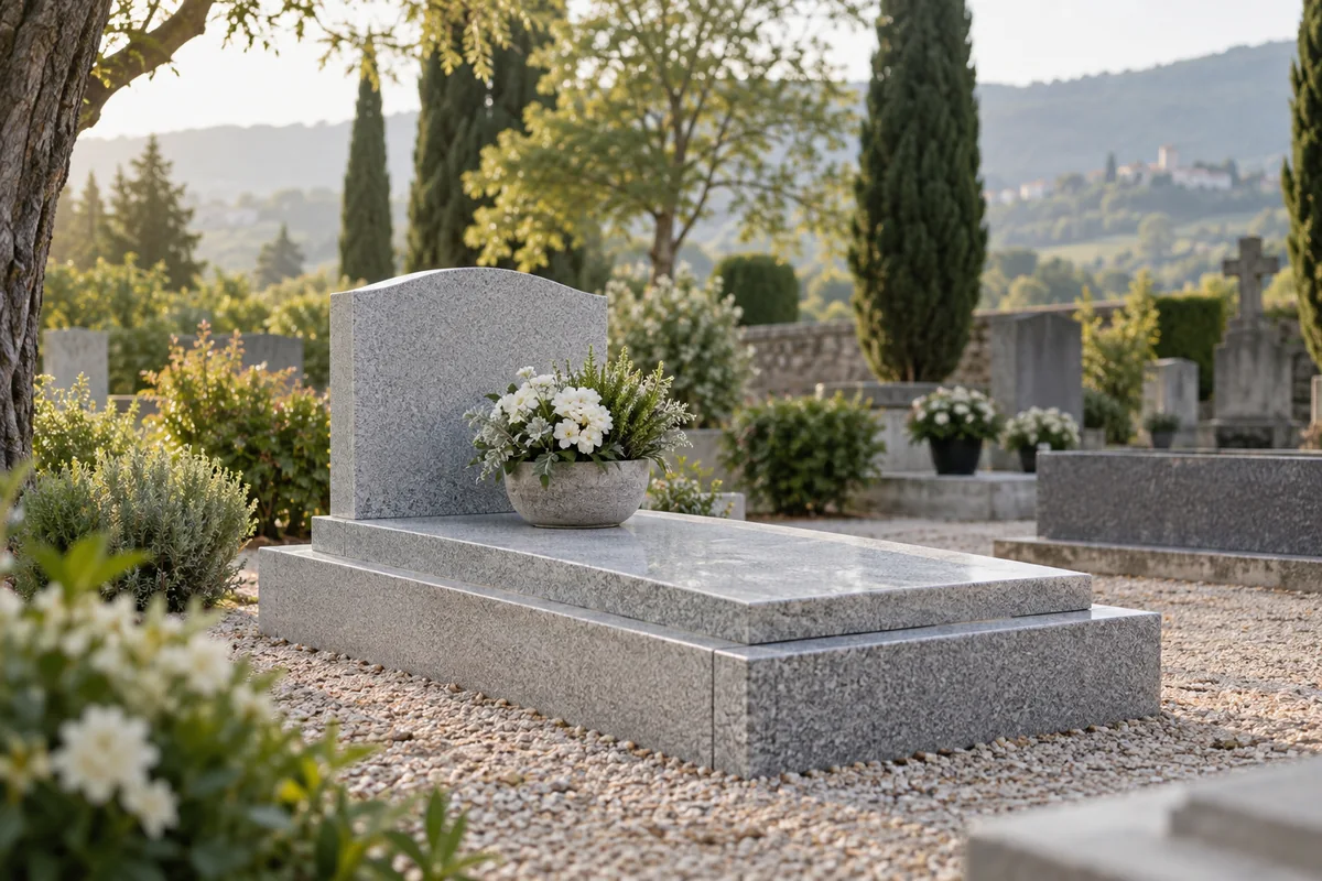 Une sépulture en pierre claire dans un cimetière paisible et arboré