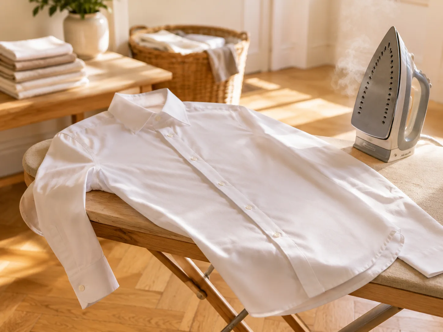 Linge soigneusement repassé sur planche à domicile